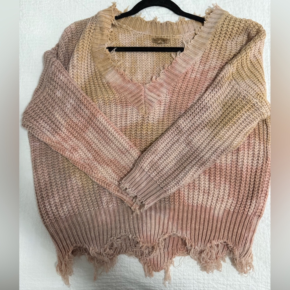 Main Strip Pink and Beige Fringed Sweater